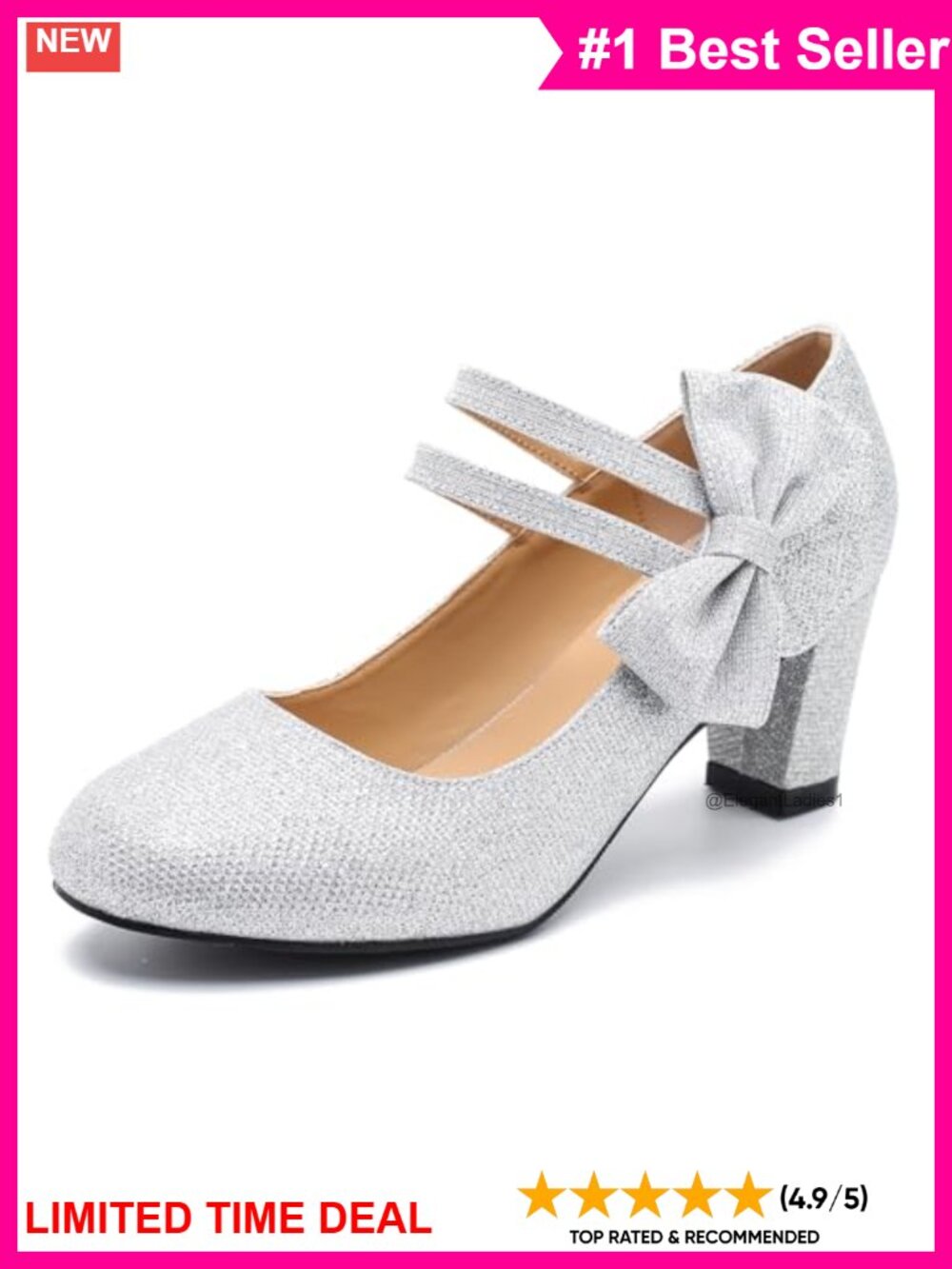Mary Jane Low Block Heel Pumps with Bow Double Ankle Strap
